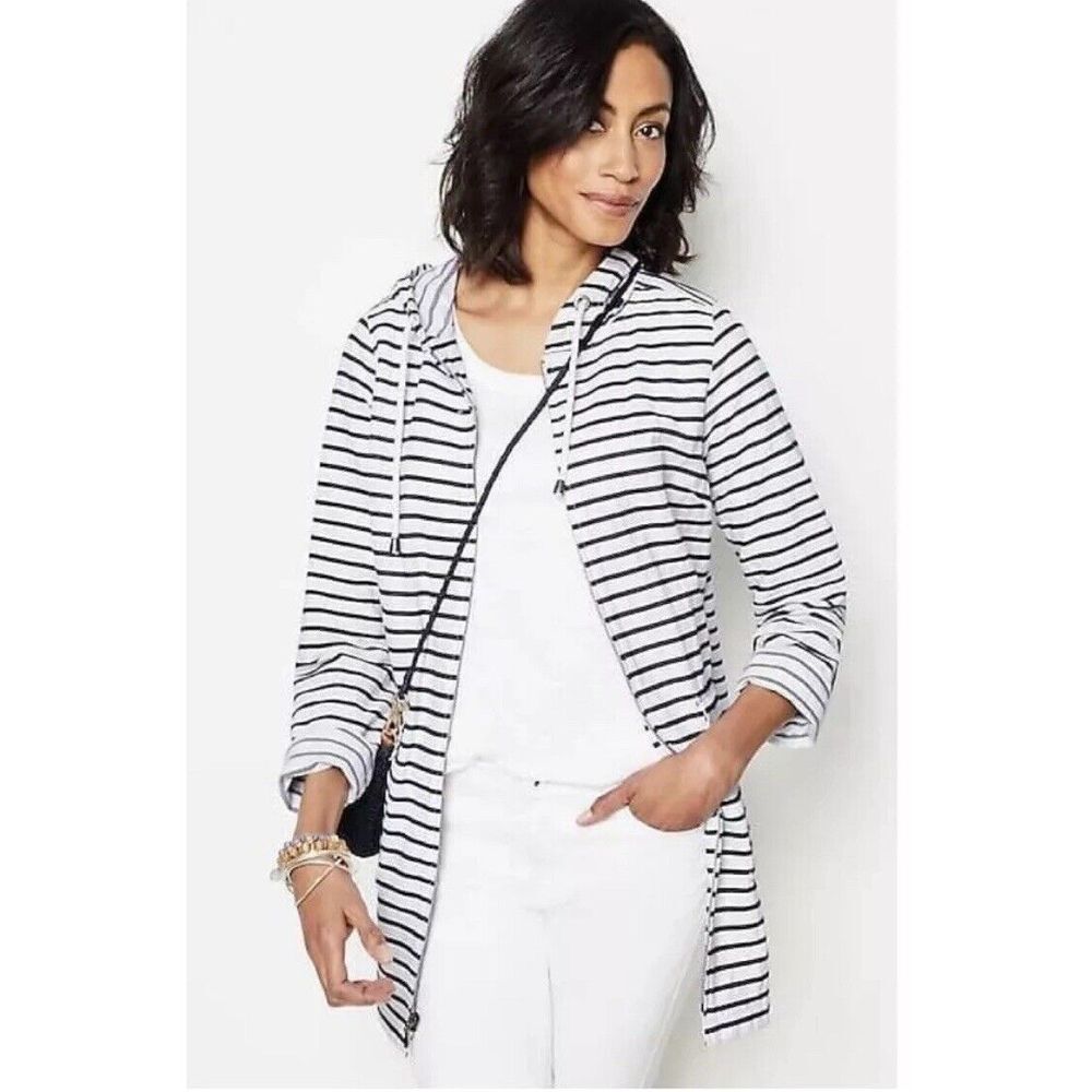 J Jill Mariner Striped Hooded Zip Jacket Womens Sz S Blue White‎ Cotton Nautical